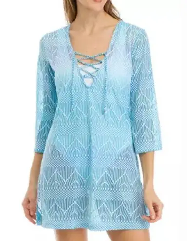 Lace Up Swim Cover Up Tunic Stretch Side Slits V Neck Semi Sheer Size L Blue Size L