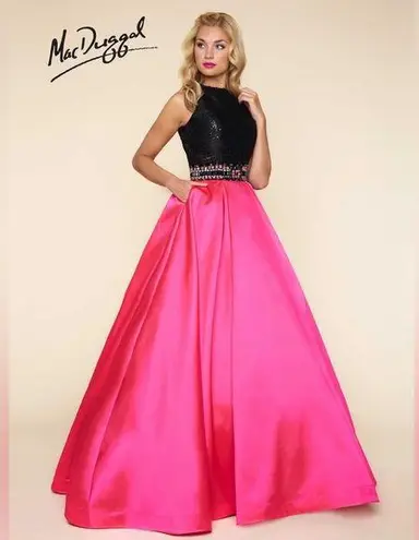 Mac Duggal Dress 65805H Color Block Open Back Ball Gown Black Pink Size 10