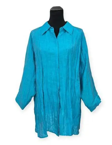 Peter Nygard | 1X | Turquoise Blue Linen Blend Crinkle Button-Down Tunic Shirt