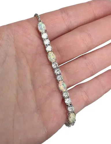 Synthetic Opal and Rhinestone Bolo Slide Lock Silver Tone Bracelet