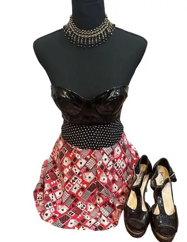 Rockabilly Skater Mini Skirt 28” Deck of Cards Casino Blackjack retro print Red Size XS