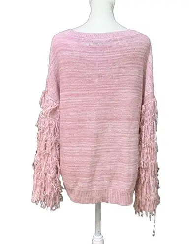 New York And Company Pink Heathered Wide Cuff Fringed Long Sleeve Pullover Sweater