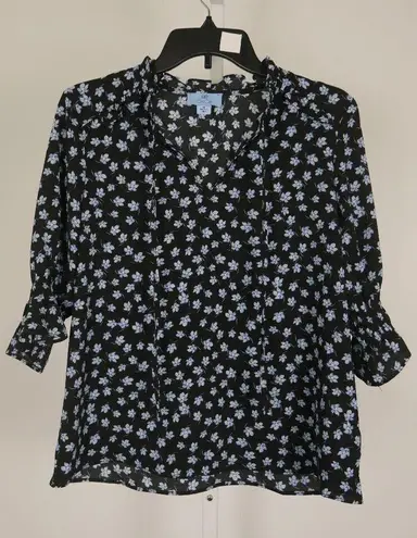 CeCe  Women's Black Tie Neck 3/4 Sleeve Floral Print Blouse M