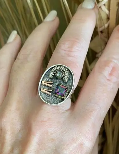 Two Tone Art Deco Rainbow Topaz & CZ Ring Size 8