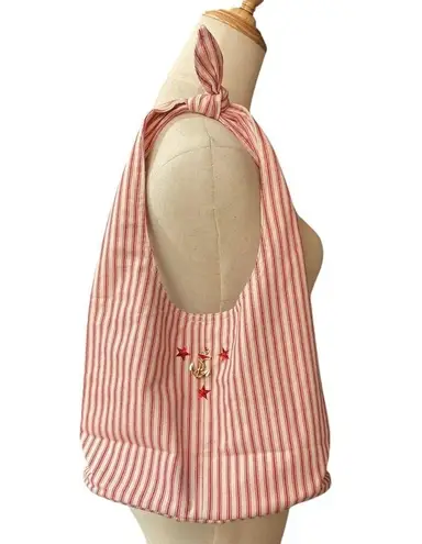 Striped Hobo Bag Red White Nautical Anchor Stars Tie Strap Shoulder Bag