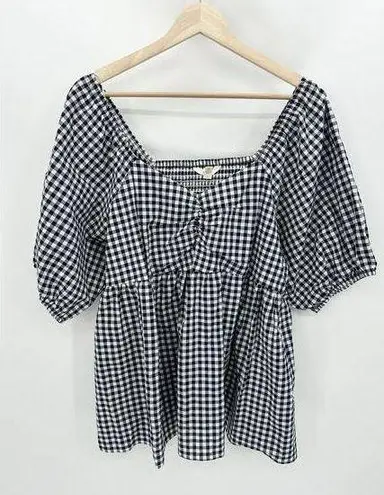 Time And Tru  Top Women 0X NWT Navy Blue White Gingham Short Sleeve Sweetheart