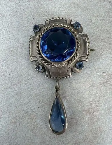 Blue Rhinestone Brooch Antique Vintage Silver Tone Big Bold Statement Estate