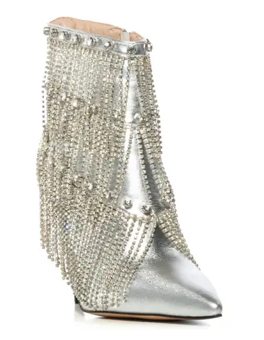AZALEA WANG JAMILA DRIPPING DIAMONDS SILVER FRINGE BOOTIE SIZE 7.5 NWT