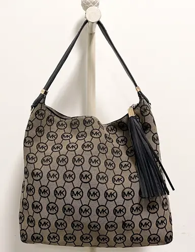 Michael Kors Beford Monogrammed Shoulder Bag Black Tan Tassel *No Long Strap*