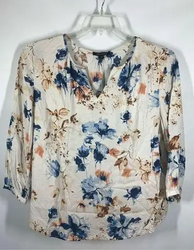 Anne Carson Women's Floral Print Rayon 3/4 Sleeve V-Neck Blouse Multicolor Small