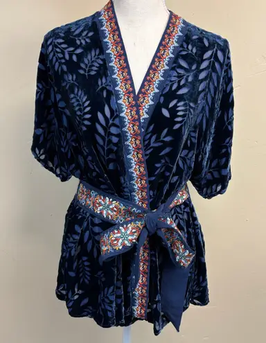 Johnny Was Jade Hayek Silk-Blend Navy Blue Velvet Wrap Top Size S