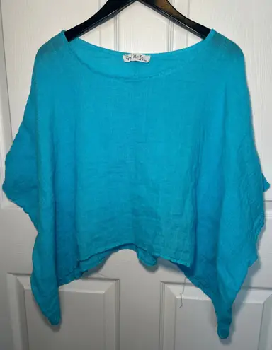 Gigi Moda Made in Italy Linen Poncho Top Oversized Boat Neck Turquoise OS Blue Size undefined