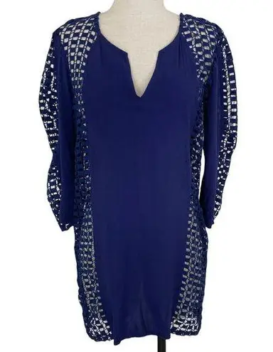 Solitaire swim beach cover-up tunic small navy open crochet sides & sleeves