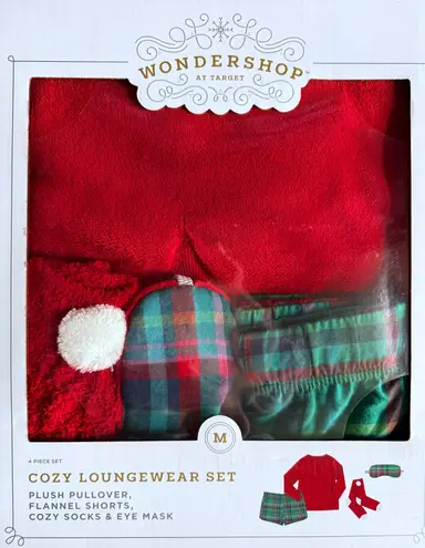 Wondershop Cozy Loungewear Pajama Set M Red Plush Pullover Shorts Socks Eye Mask Size M