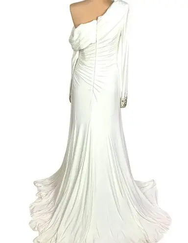 Mac Duggal White Beaded Cuff Drop Shoulder Gown 6 Faux Wrap Ruched Dress READ