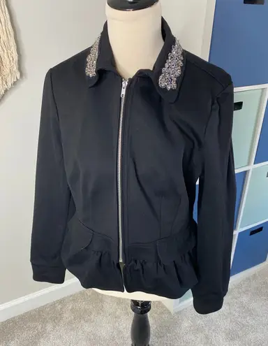 INC Black Silver Embellished Beaded Collar Zipper Jacket Blazer XL Holiday