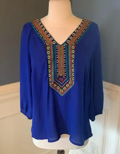 West 36th Top Royal Blue Shirt Silky Embroidered Womens M Size M