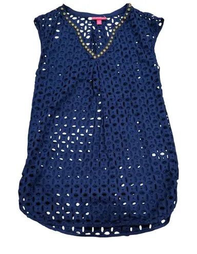 LILLY PULITZER Target Navy BLUE Eyelet SWIMWEAR COVERUP Top with Gold Detail XS