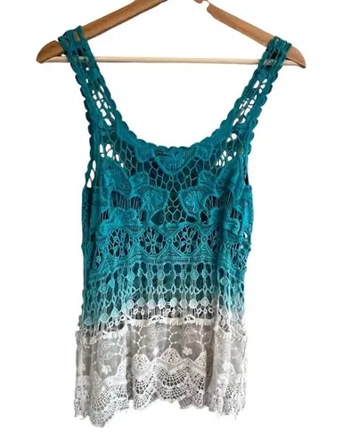 Womens Boho Open Knit Crochet Tank Top Sz L Lace Beach Resort Festival Coachella Blue Size L