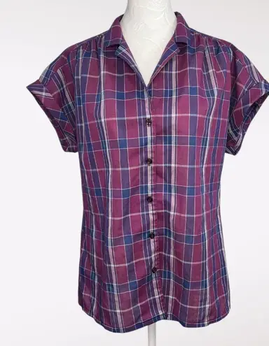 Vintage Koret City Blues Plaid Blouse Short Sleeve Union Made USA Small Medium Purple