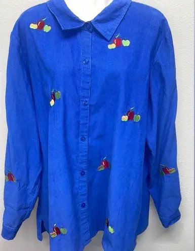 Quacker Factory Top XL Blue Corduroy Apple Embroidered Teacher Button Up School
