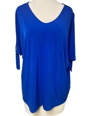 Kasper Womens Large Blue Blouse Top Pullover Round Neck Cold Shoulder Sleeve