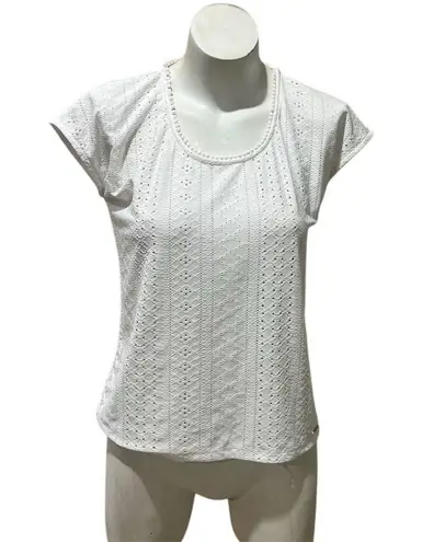 Tahari Women's White Eyelet Short Sleeve Scoop Neck Blouse Size S
