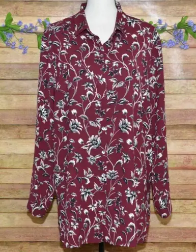 J. Jill Ladies Maroon Floral Button Up Tunic Blouse Size XL Modest Career Red