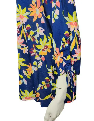 Caribbean Joe Women's Large Blue Floral Blouse 3/4 Sleeves Tie Detail NWT Cruise