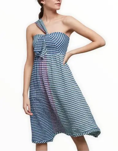 Maeve Anthropologie Waverly Dress One-Shoulder Checkered gingham midi asymmetric