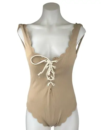 MARYSIA Broadway Tie Maillot Tan Lace Up Halter Scalloped One Piece Swimsuit S