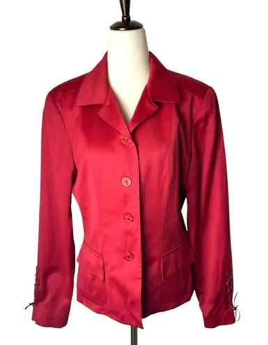 Oscar de la Renta Blazer Women 8 Red Wool Blend Leather Trim Jacket Career