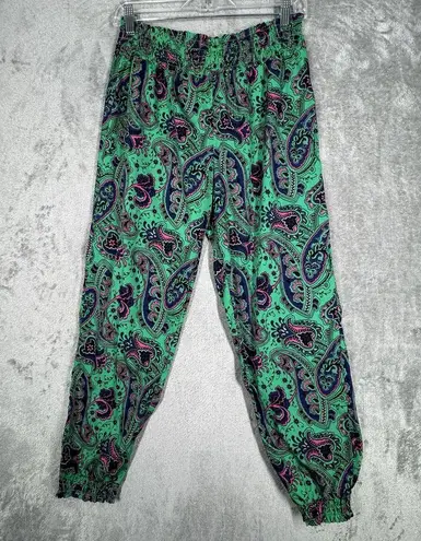 Aerie  Pants Womens Medium Green Pink Paisley Satin Jogger Casual Preppy Colorful