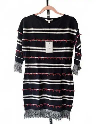 Endless Rose Anthropologie Navy Blue Striped Dress With Fringe