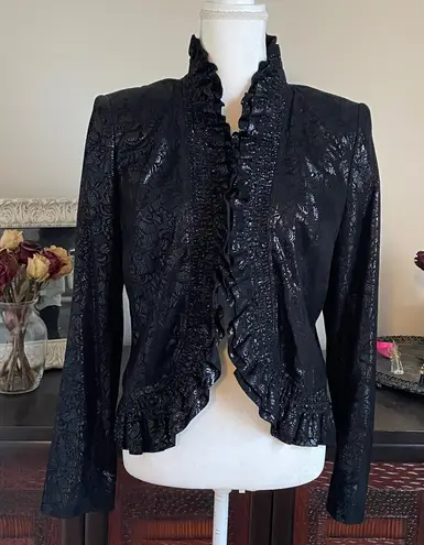 Lafayette 148 New York Black Metallic Ruffle Embellished Leather Jacket size 10