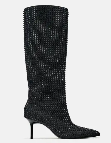 ZARA  RHINESTONE HEELED DENIM BOOTS BLACK Size 37/6.5 NEW