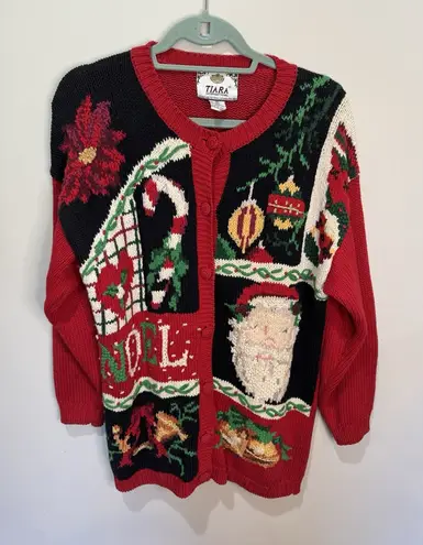 Tiara International Christmas Cardigan Poinsettia Noel Bells Santa M 1995 Women