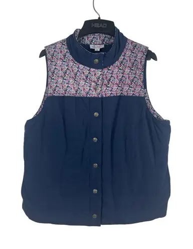Denim & Company M Quilted Blue Floral Print Puffy Vest Pocketed Snap Button Size M