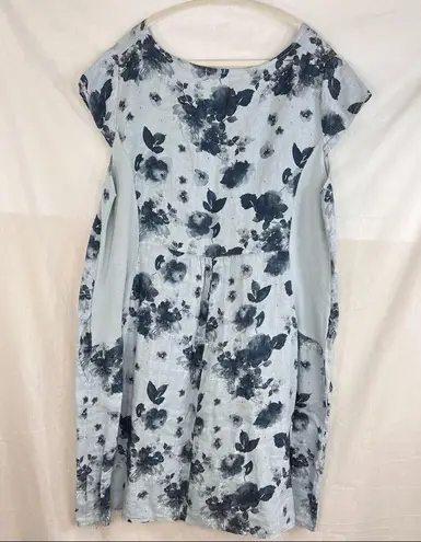 Lungo L'Arno Linen Dress w/ Ribbed Knit Side Panels XL Lagenlook Boho Coastal Blue