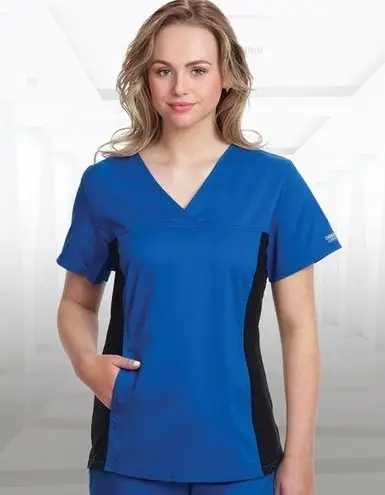 Cherokee  Uniforms V neck flexible royal blue and black 2 pocket scrub top sz M