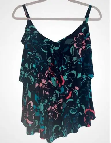 Aqua Green Black Teal Pink Floral Ruffled Tiered Tankini Swim Top Size XL