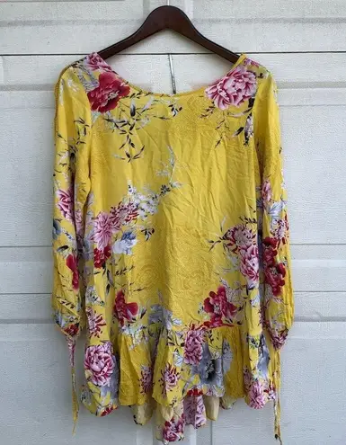Jaase Women’s Shirt Tunic Yellow Floral Swan Ladder Lace Boho Medium