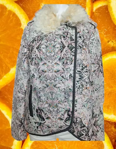 Elevenses Floral Print Jacket Faux Fur Collar Asymmetrical Zip Size 10