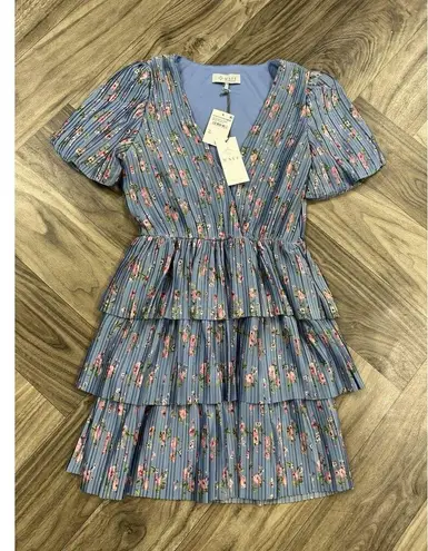 WAYF Floral Tiered Minidress In Blue Roses baby blue dress Size XS