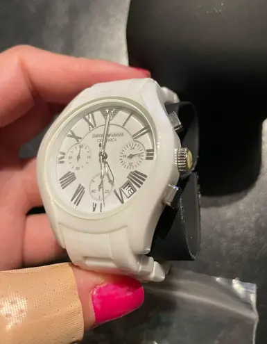 Emporio Armani NWOT Ceramic Vintage Chronograph White Dial Watch AR1403 MRP $545 Designer Luxury