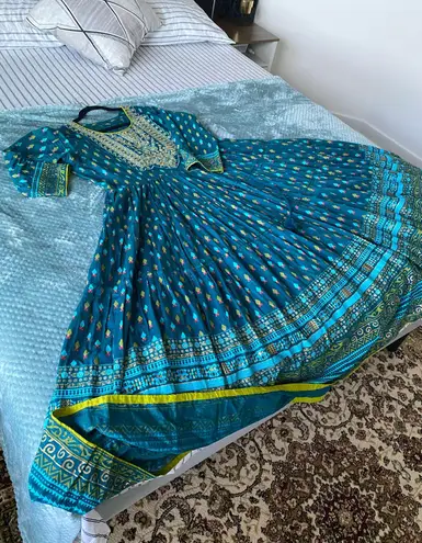Teal Blue Embroidered & printed Anarkali Long Kurta Kurti Flare Fairy New Size XL