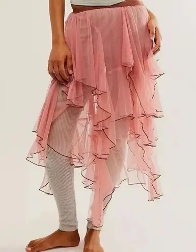 Free People FP ONE  Net Godet Half Slip Midi SKIRT Sz XS Pink Sheer Tulle Ruffled