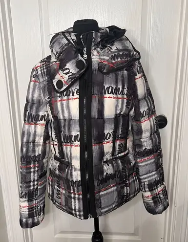 Desigual Womens Jacket Size 6 Black Sigrun 36 Padded Tartan Lettering Coat NWT