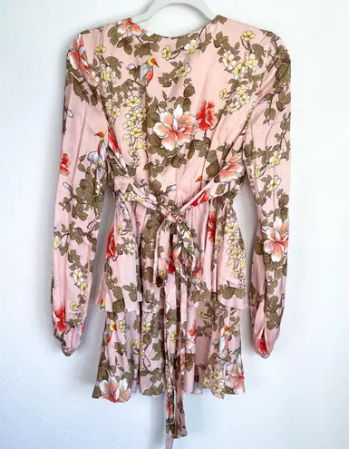 Majorelle Revolve Berkshire Light Pink Floral Satin Ruffle Mini Dress