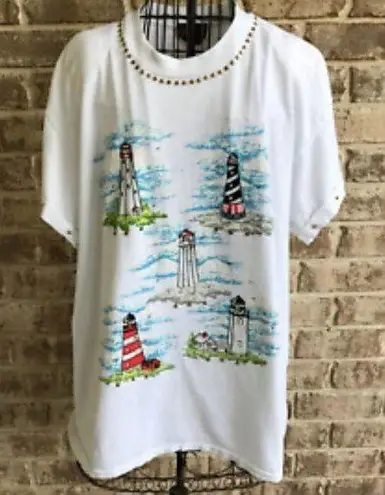 Hand Painted Lighthouses Top One Size Vintage 80s P.G.B. USA Studs Embe…